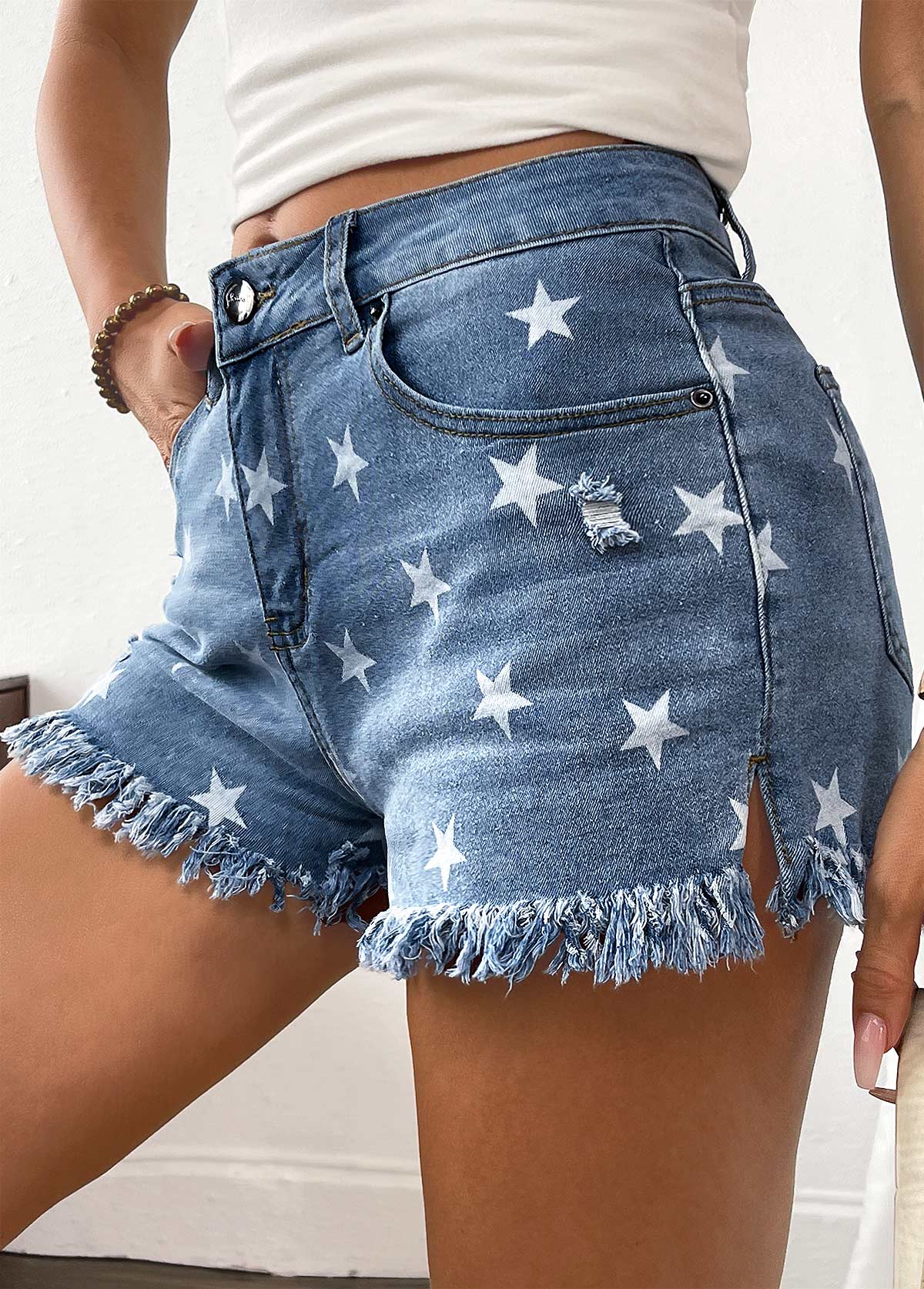 Star Print Denim Blue Button Fly High Waisted Shorts