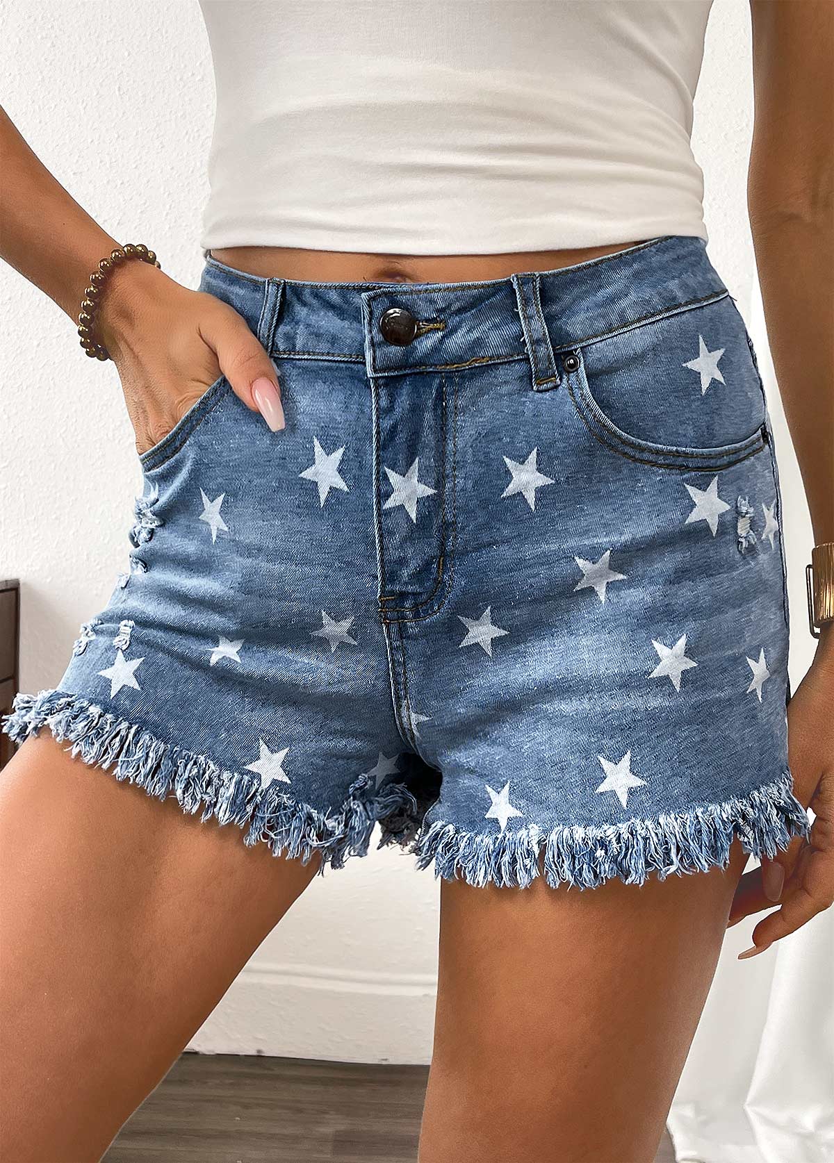 Star Print Denim Blue Button Fly High Waisted Shorts