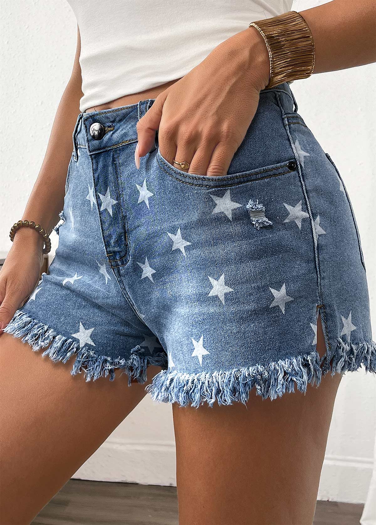 Star Print Denim Blue Button Fly High Waisted Shorts