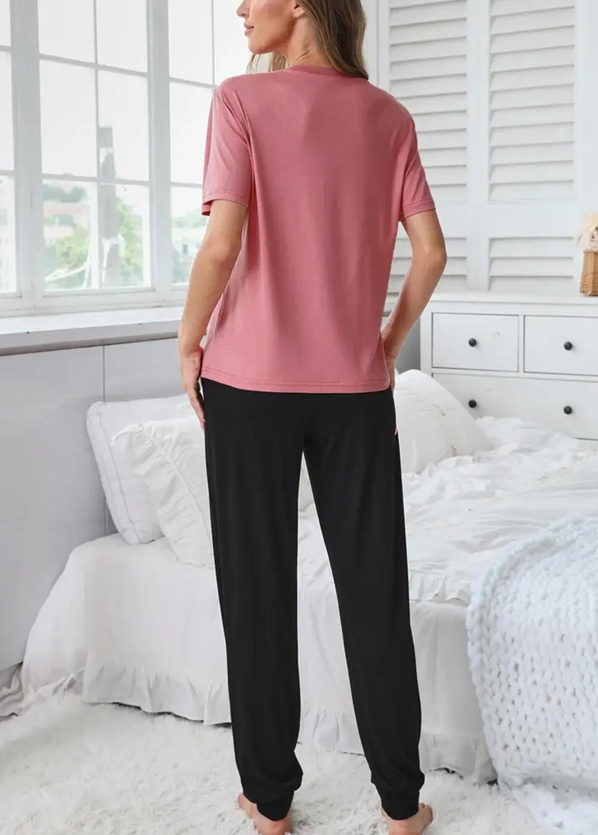 Pink Round Neck Short Sleeve Lounge Top and Pants