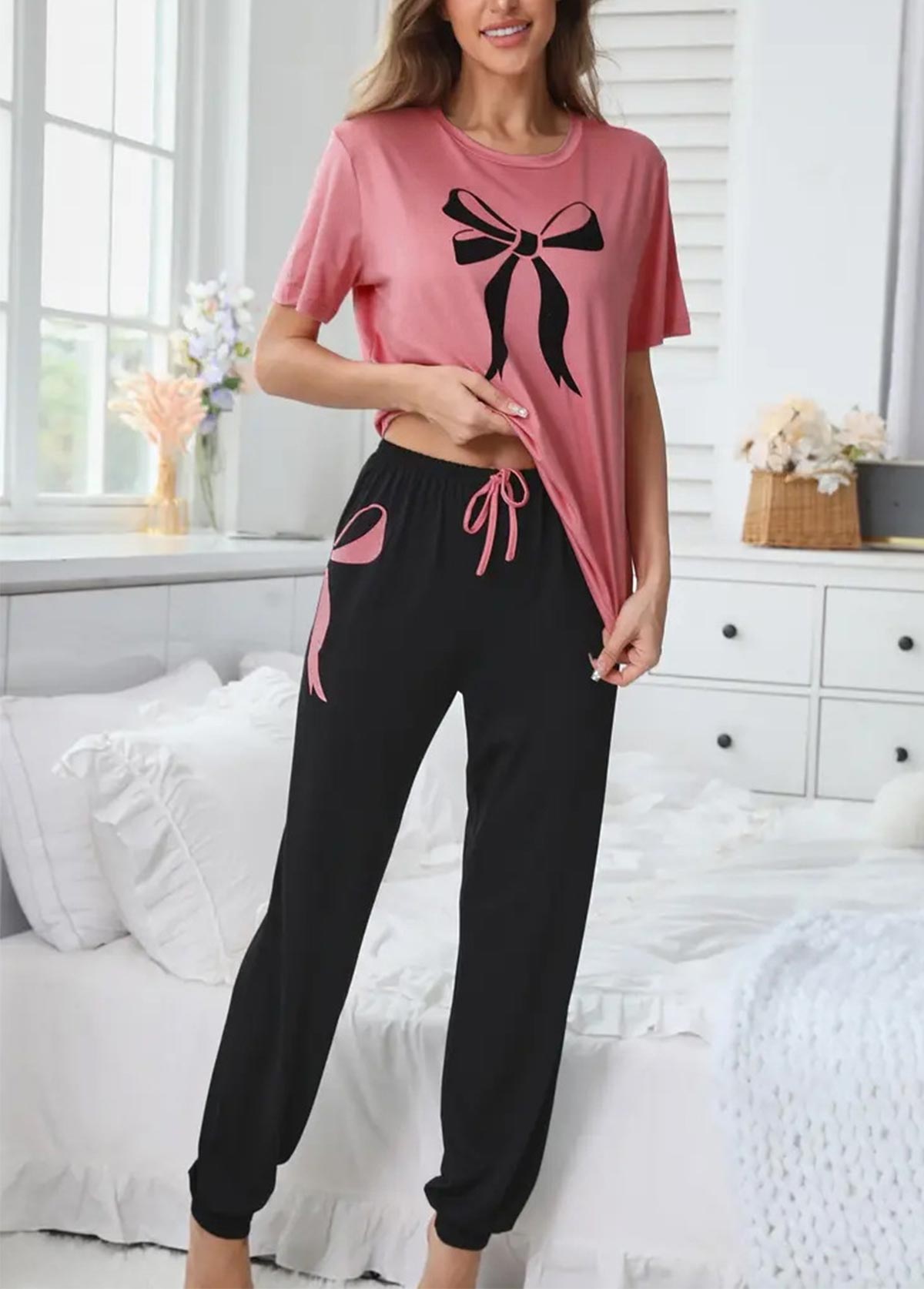 Pink Round Neck Short Sleeve Lounge Top and Pants