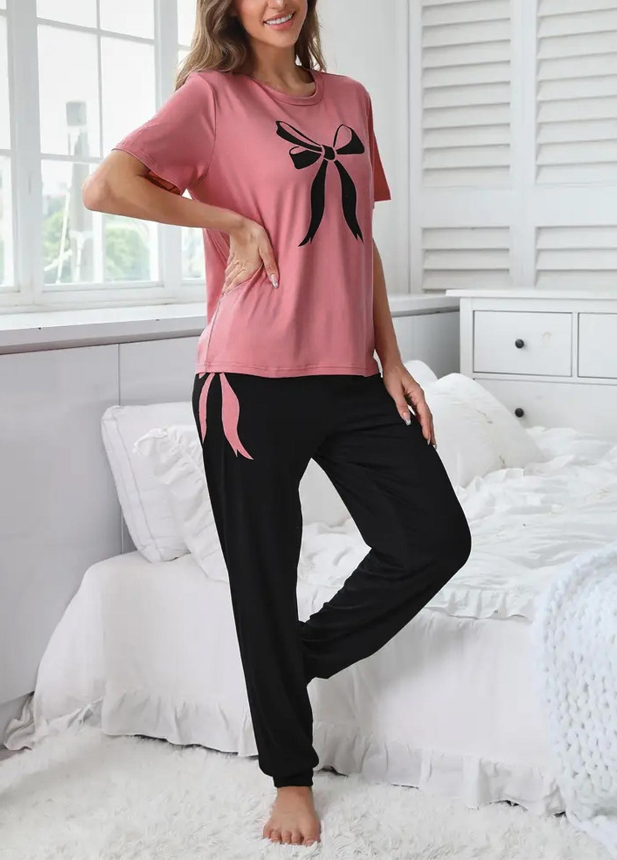 Pink Round Neck Short Sleeve Lounge Top and Pants