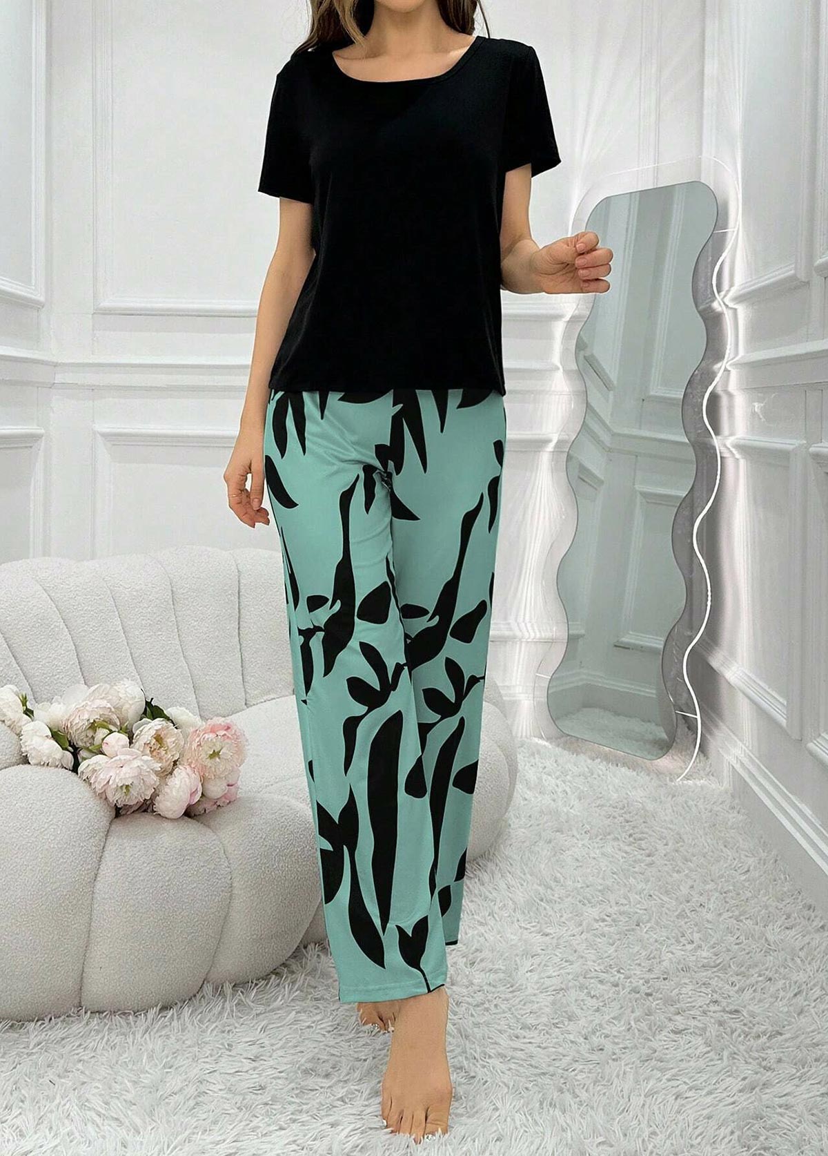Plants Print Mint Green Lounge Top and Pants