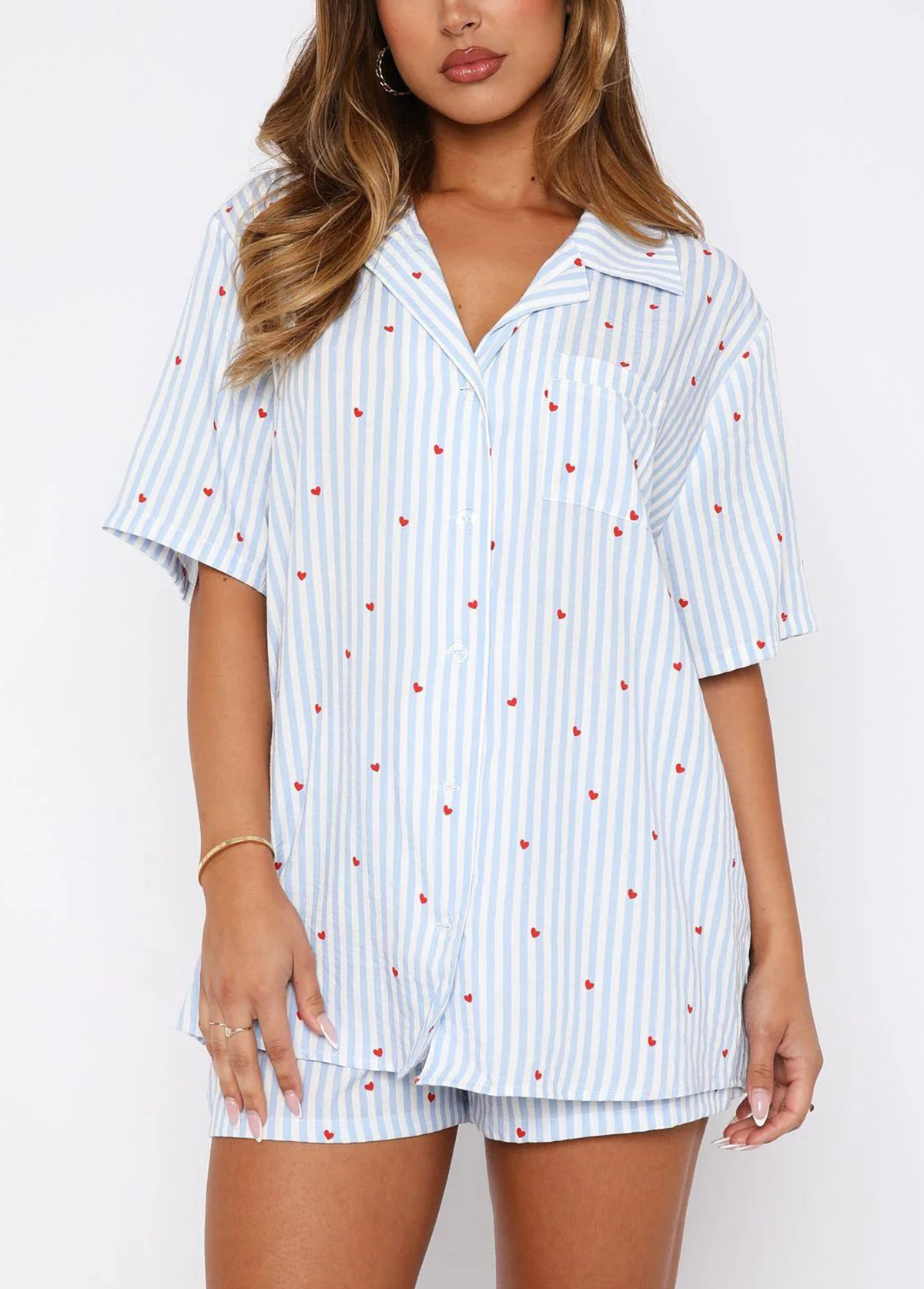 Heart Print Light Blue Lounge Top and Shorts