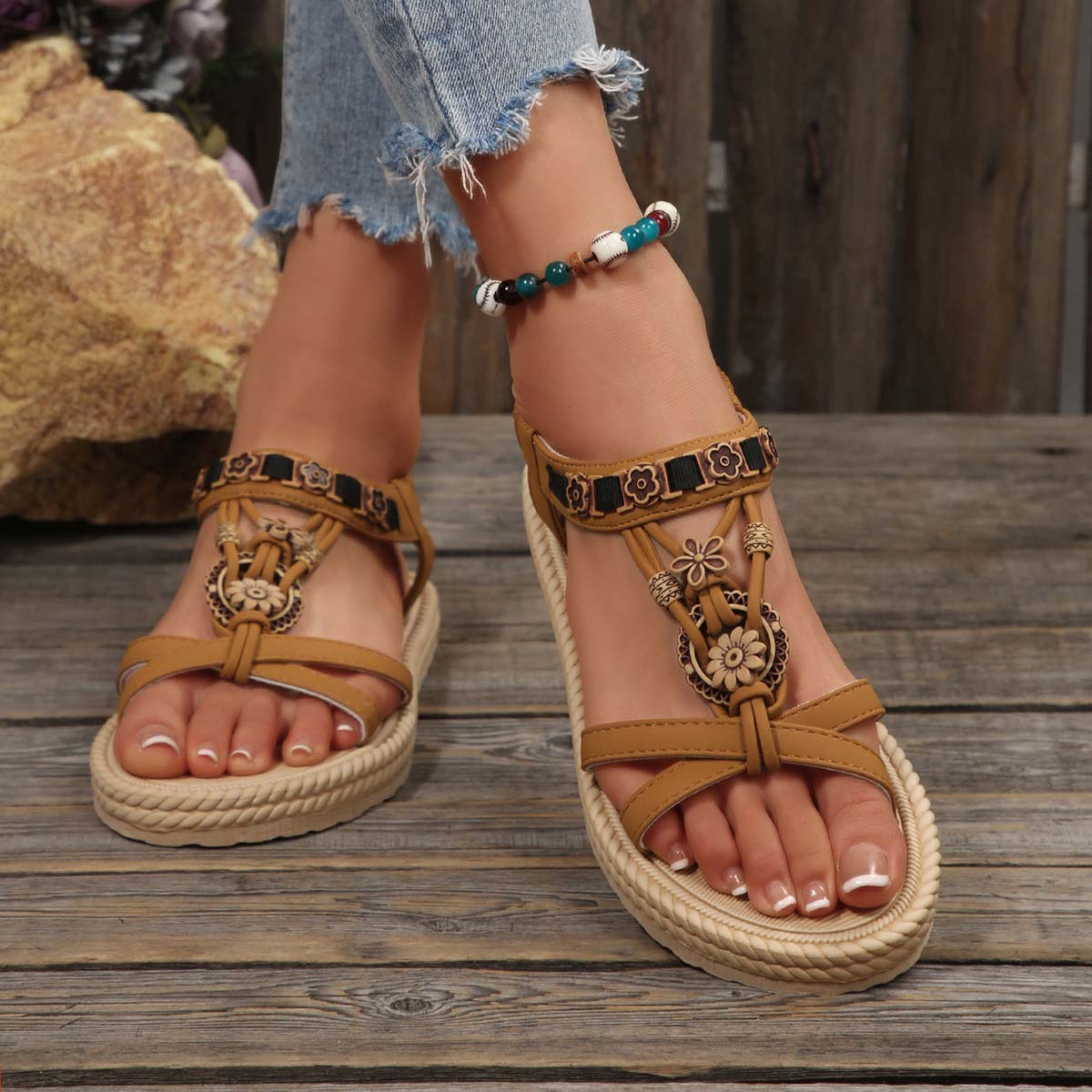Light Coffee Peep Toe Falt Sandals