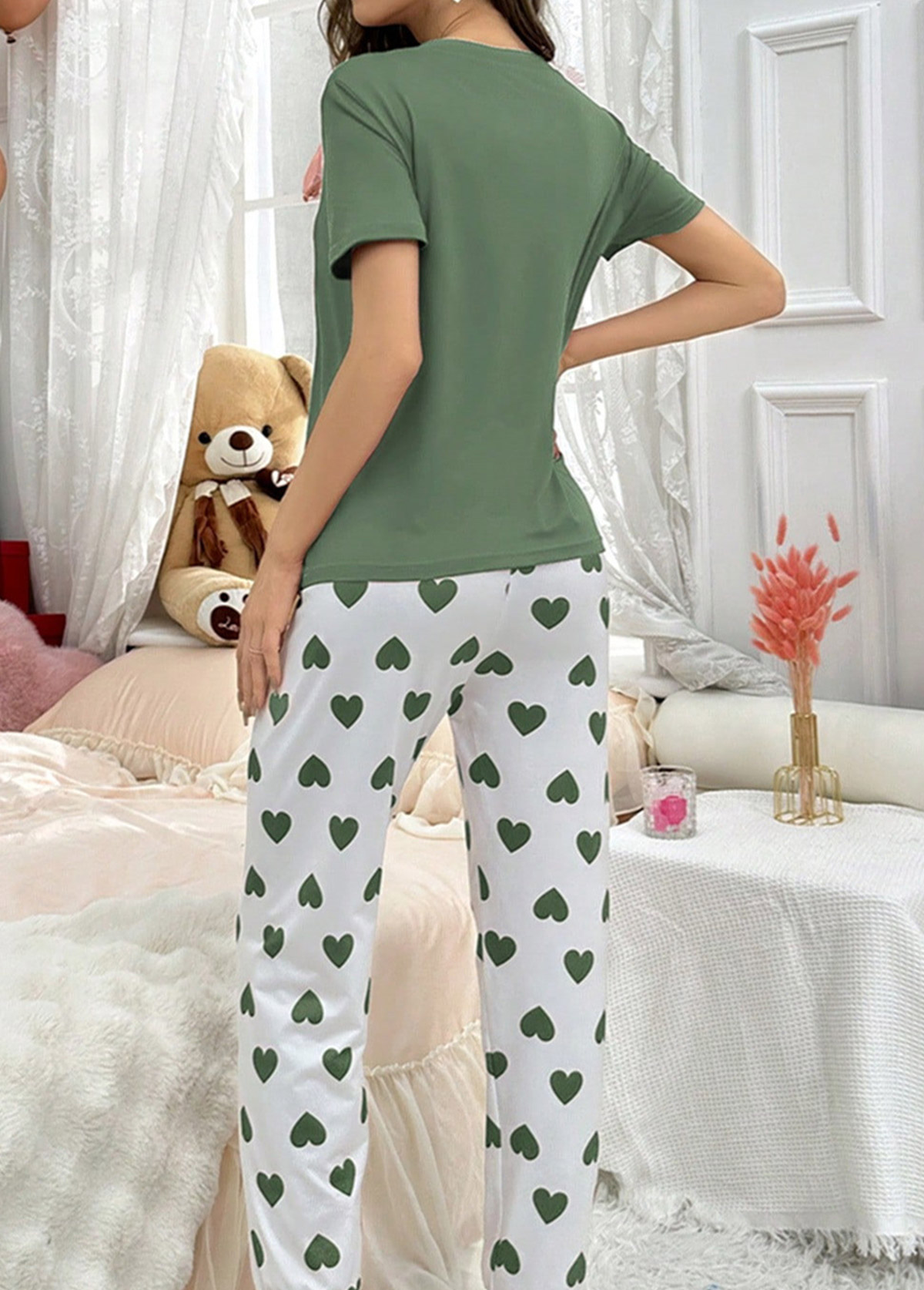Heart Print Sage Green Lounge Top and Pants
