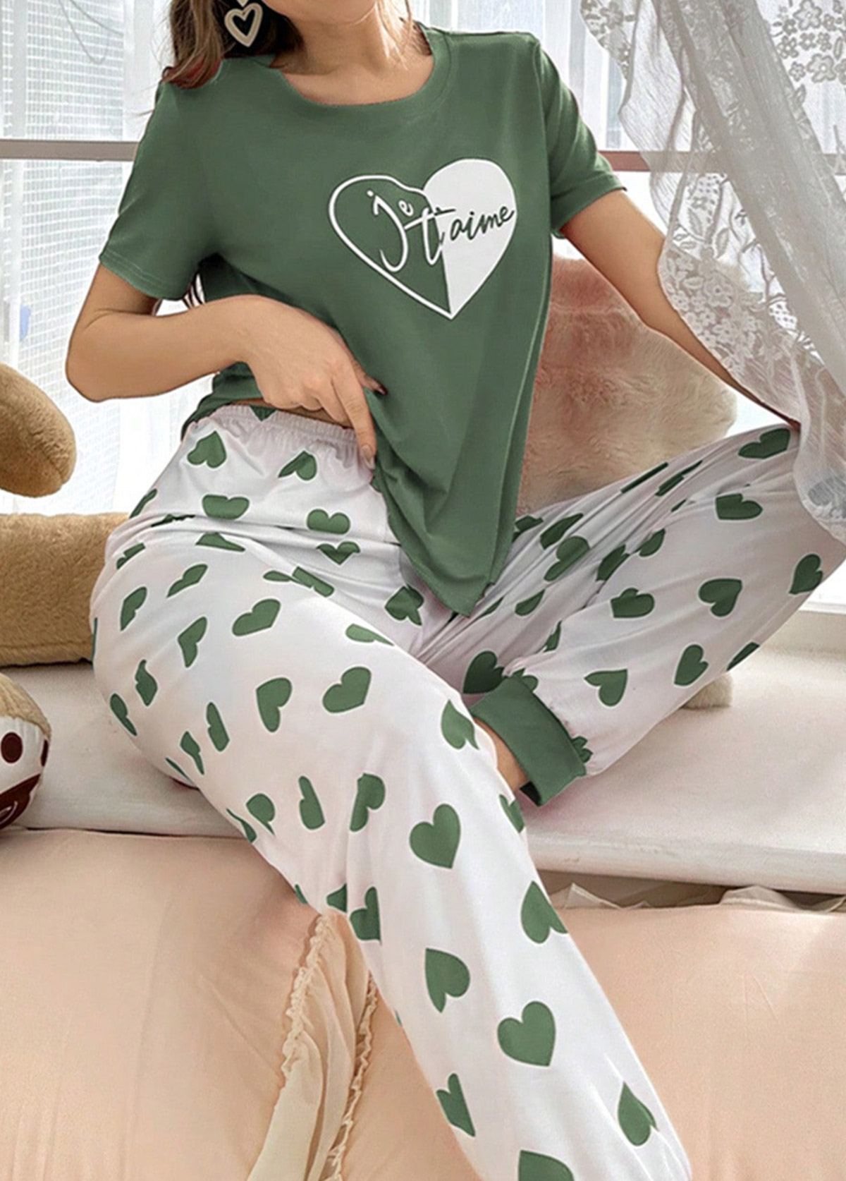 Heart Print Sage Green Lounge Top and Pants
