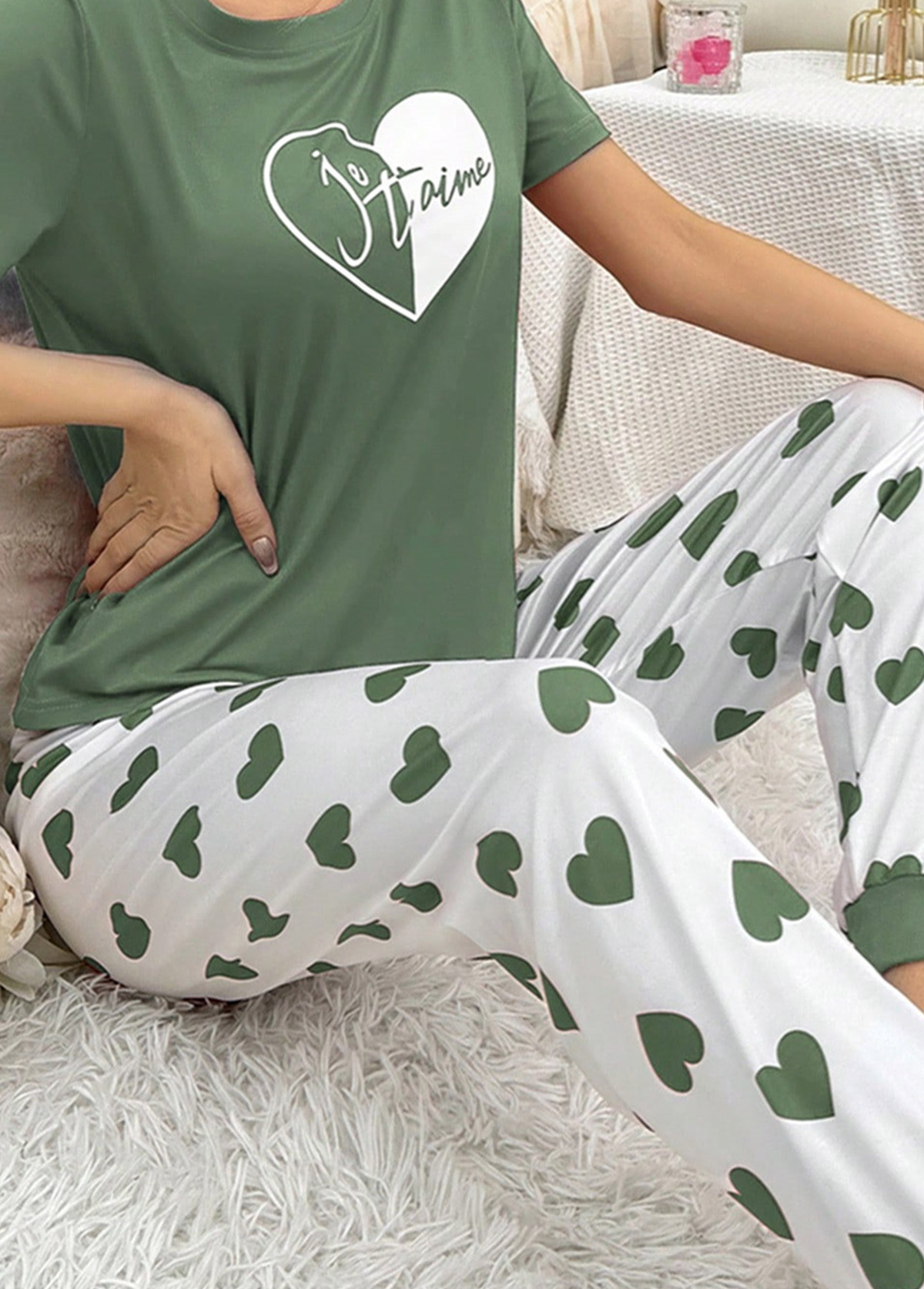 Heart Print Sage Green Lounge Top and Pants