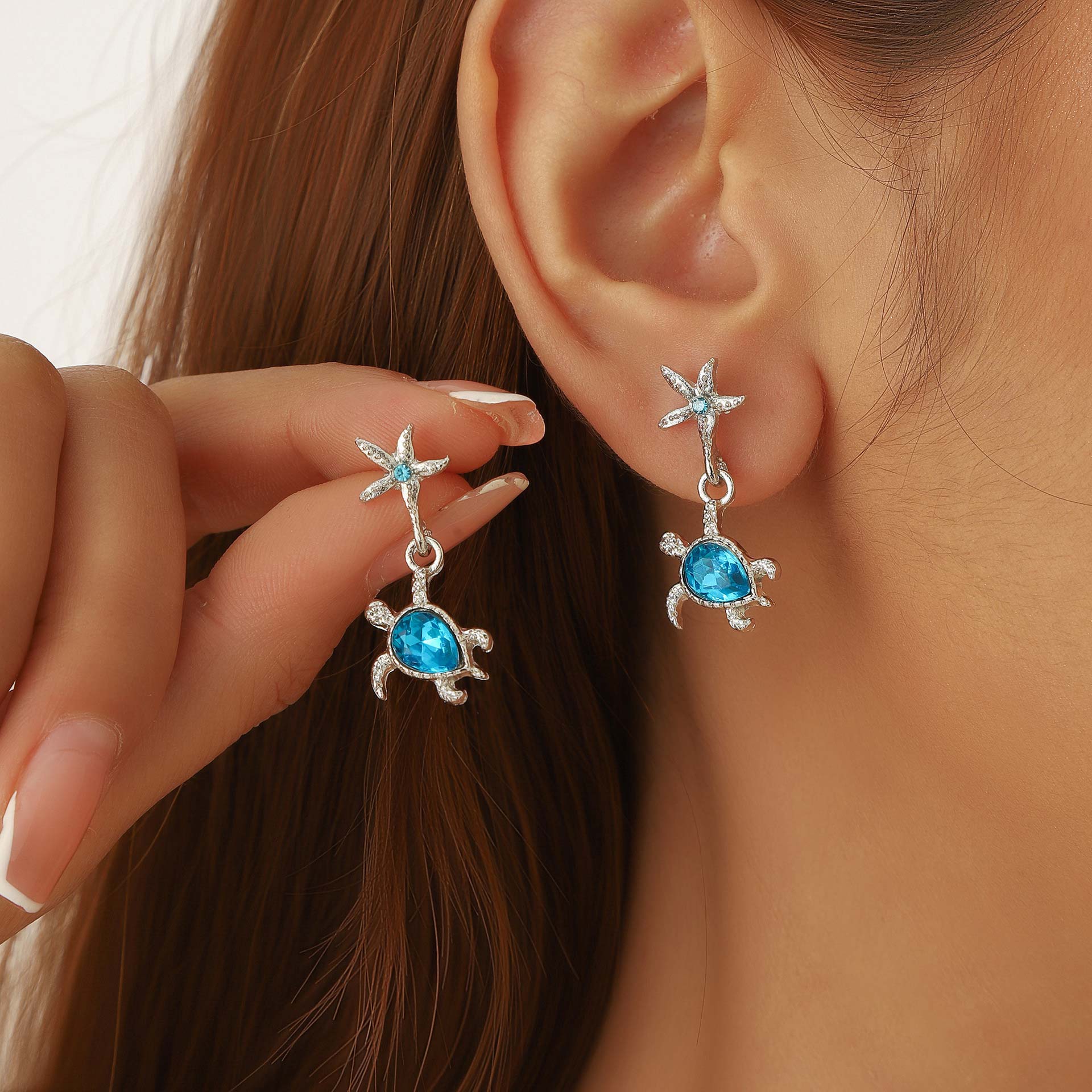 Neon Blue Turtle Starfish Alloy Earrings