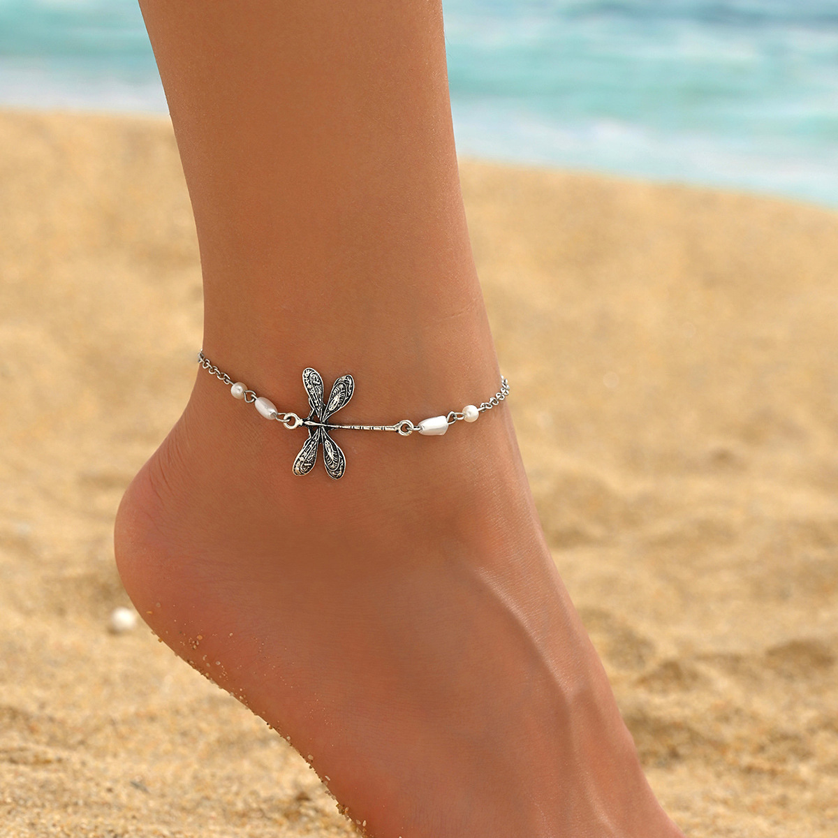 Silver Iron Insect Dragonfly Design Anklet