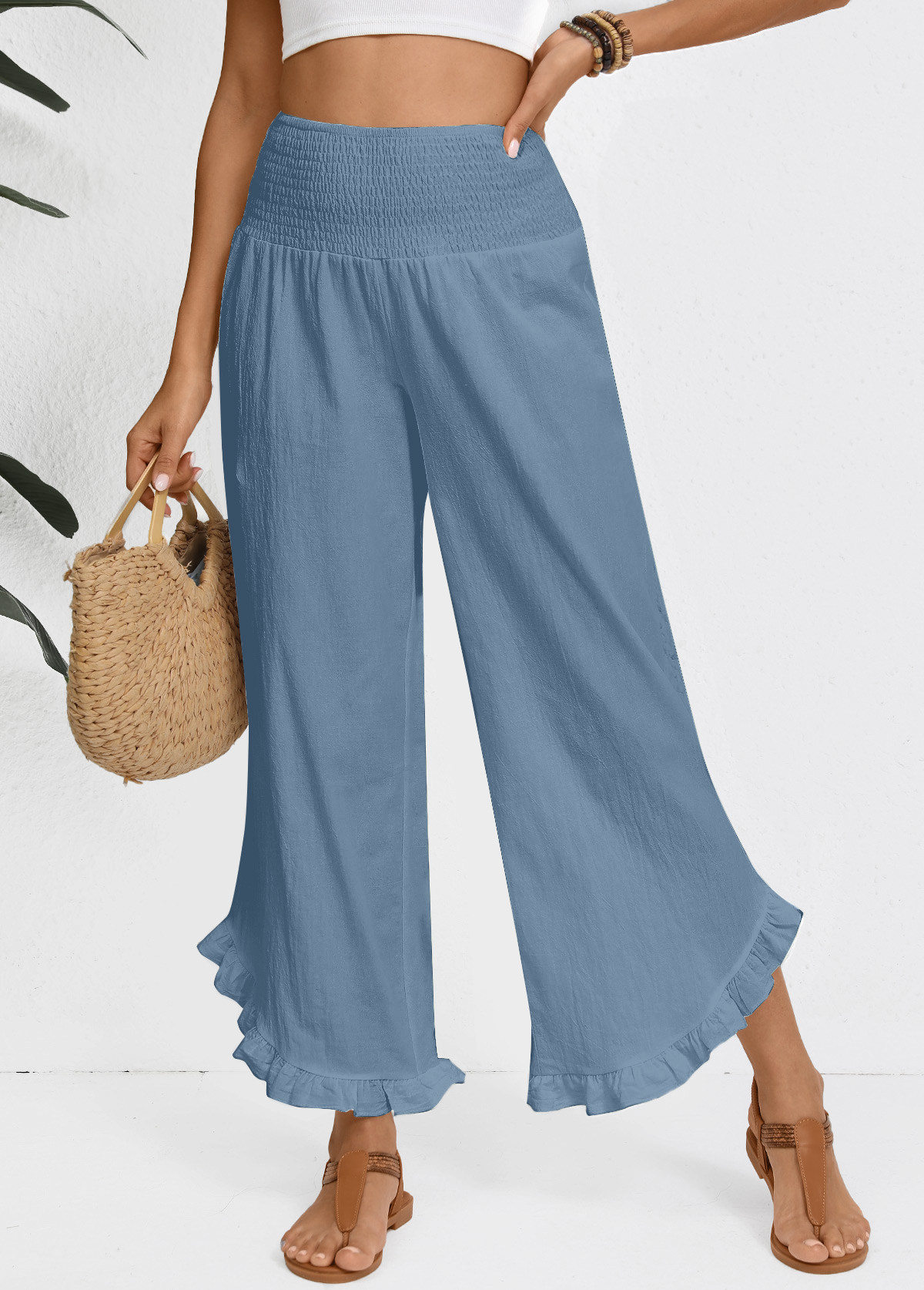 Dusty Blue Wide Leg Elastic Waist High Waisted Pants