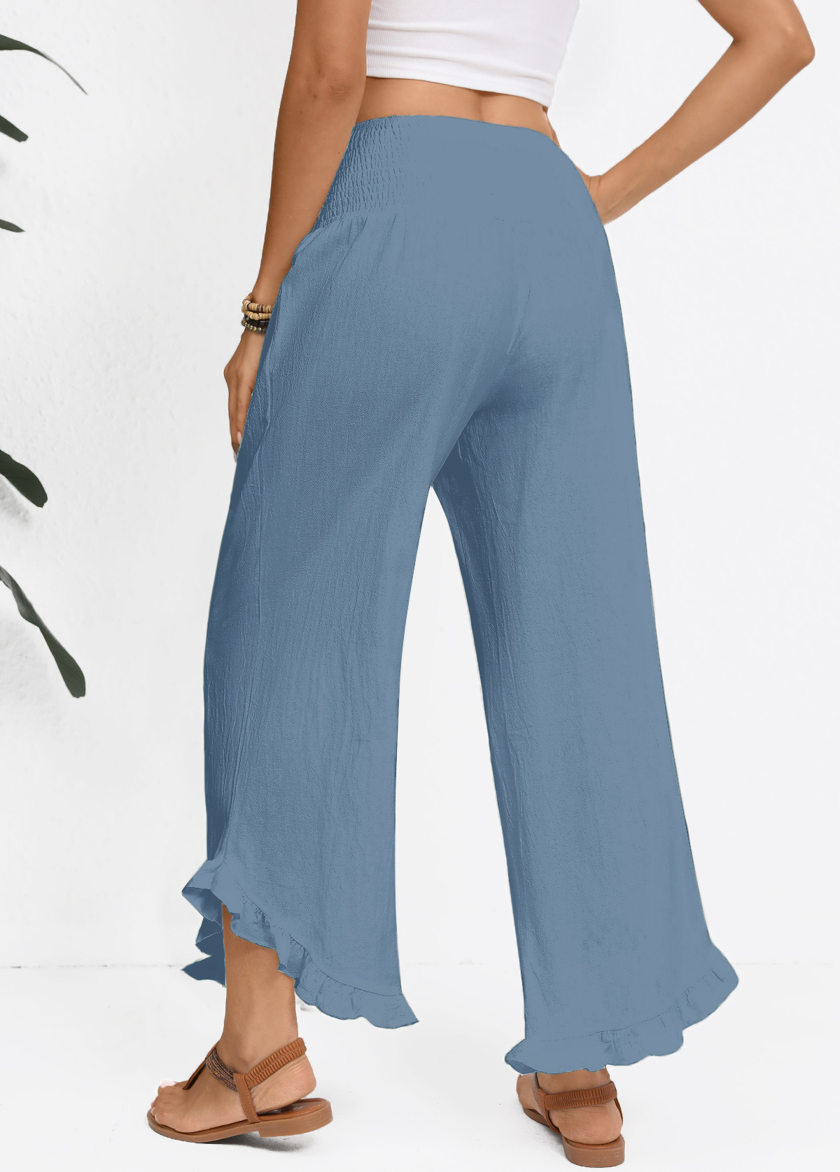 Dusty Blue Wide Leg Elastic Waist High Waisted Pants