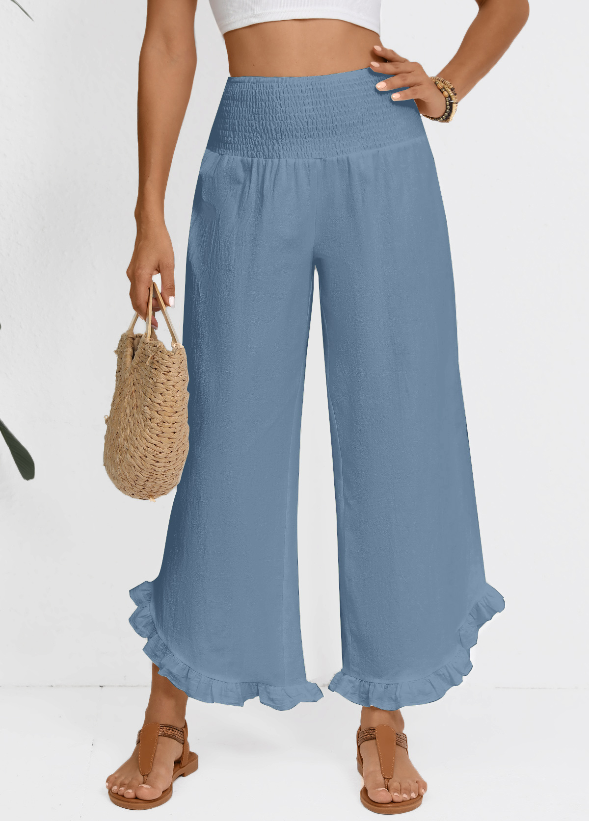 Dusty Blue Wide Leg Elastic Waist High Waisted Pants