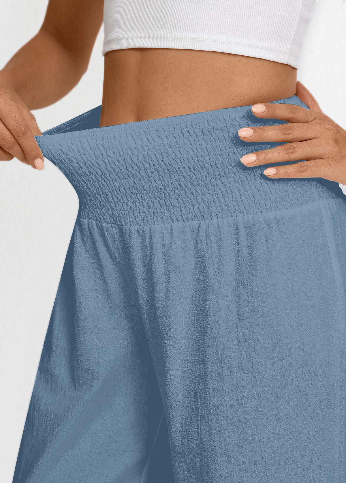 Dusty Blue Wide Leg Elastic Waist High Waisted Pants