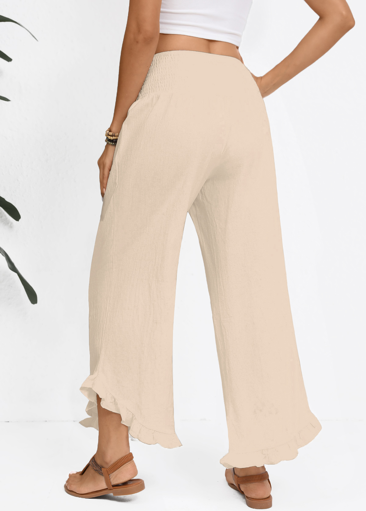 Raw White Wide Leg Elastic Waist High Waisted Pants