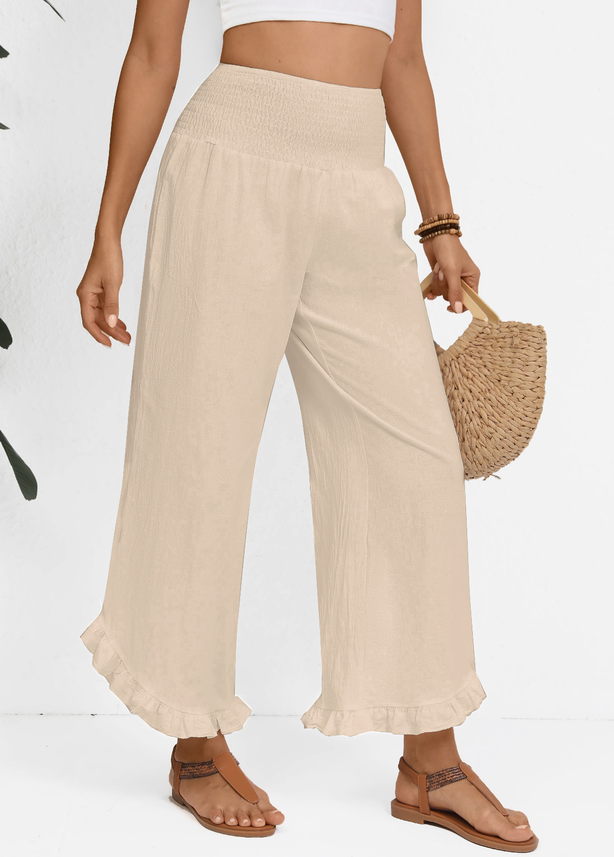 Raw White Wide Leg Elastic Waist High Waisted Pants
