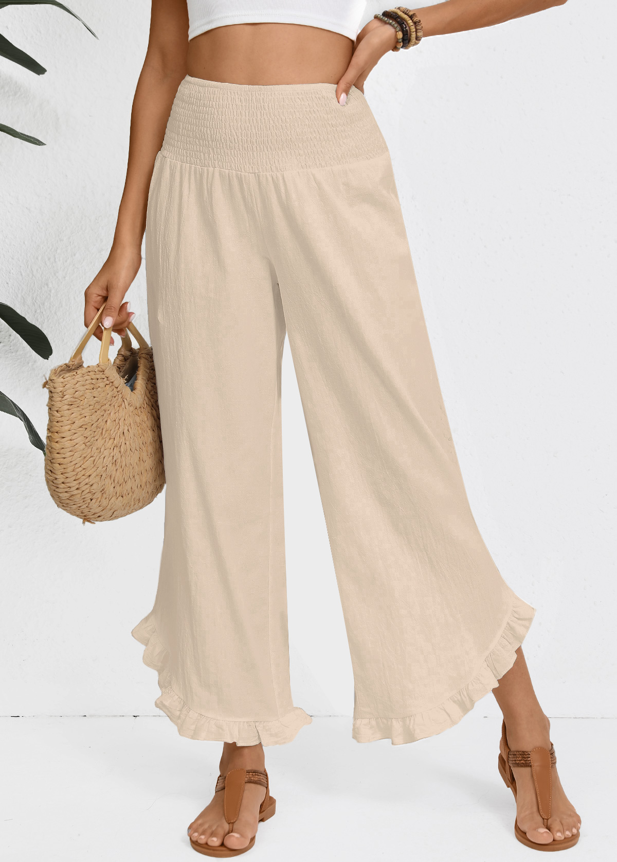 Raw White Wide Leg Elastic Waist High Waisted Pants
