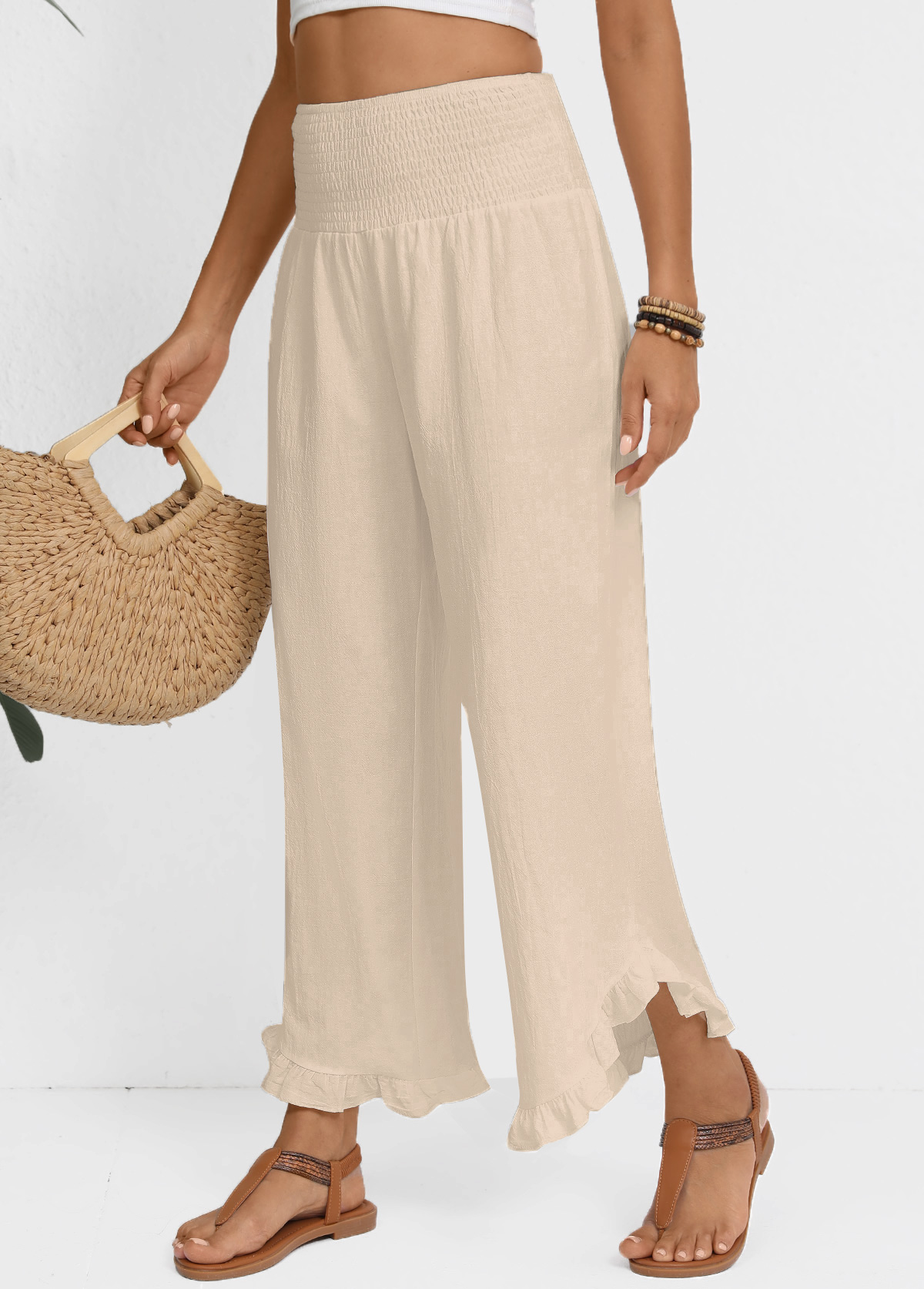 Raw White Wide Leg Elastic Waist High Waisted Pants