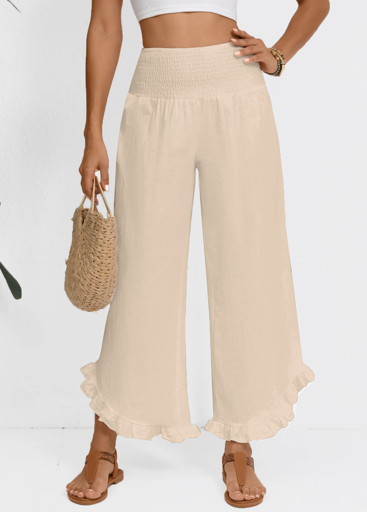 Raw White Wide Leg Elastic Waist High Waisted Pants