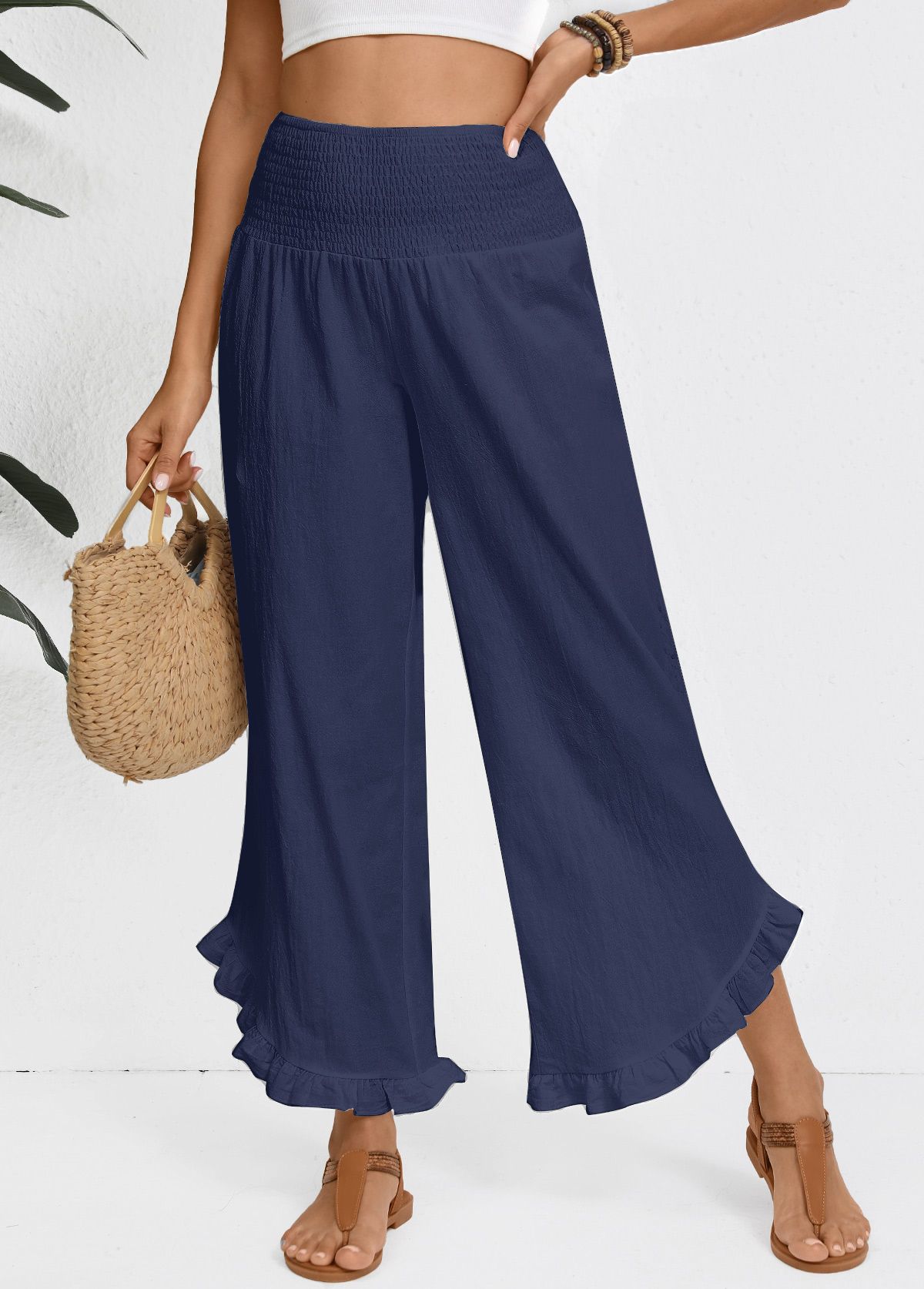 Navy Wide Leg Elastic Waist High Waisted Pants