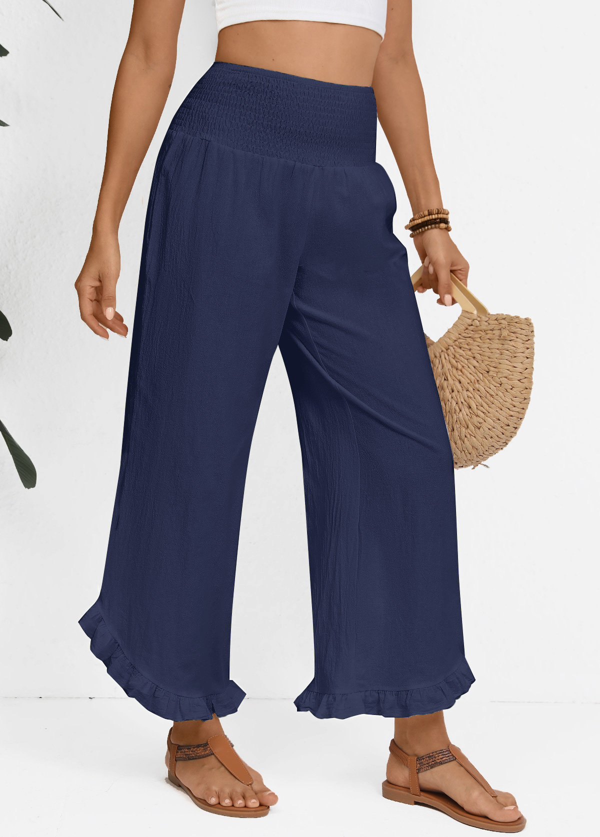Navy Wide Leg Elastic Waist High Waisted Pants