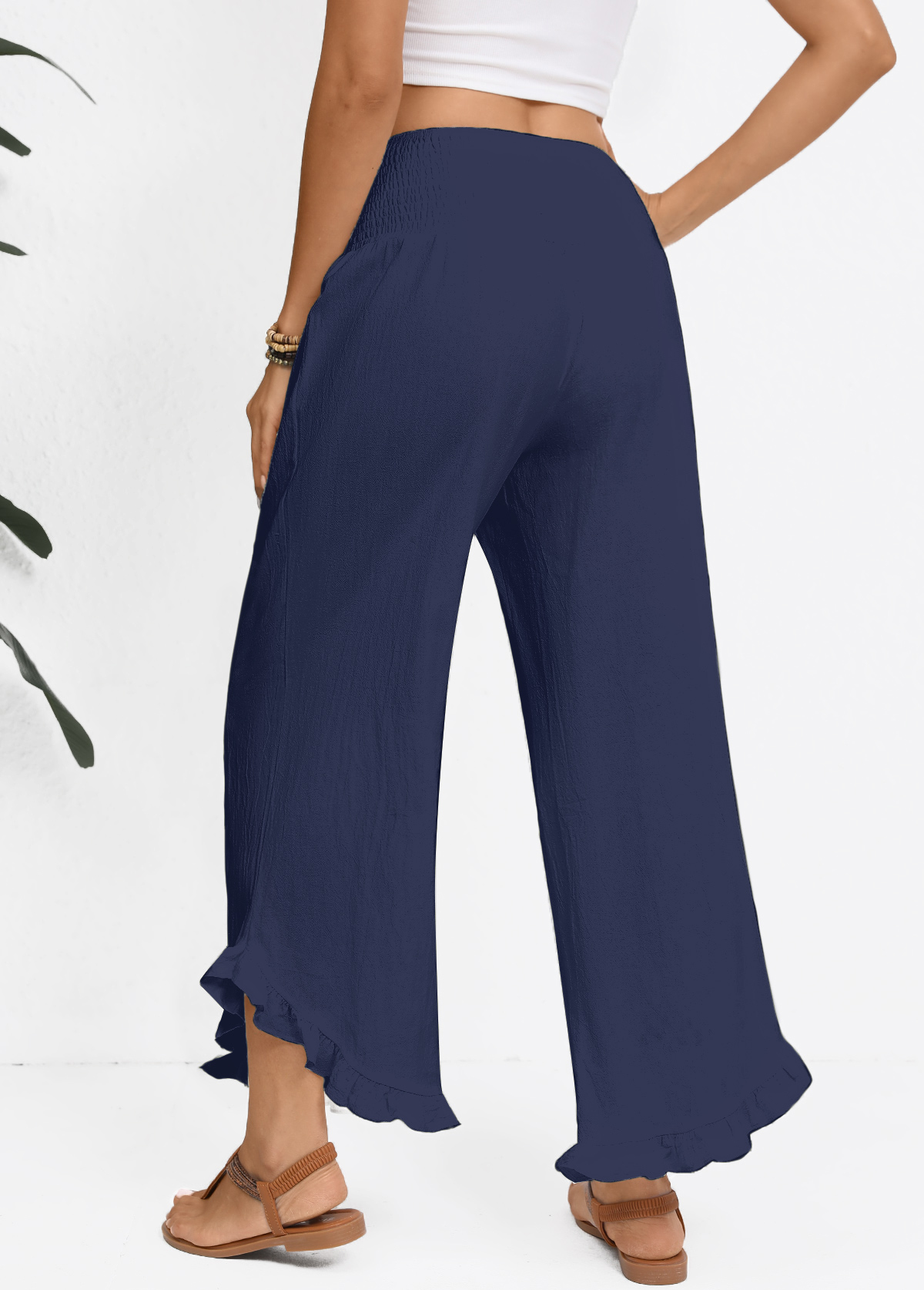 Navy Wide Leg Elastic Waist High Waisted Pants