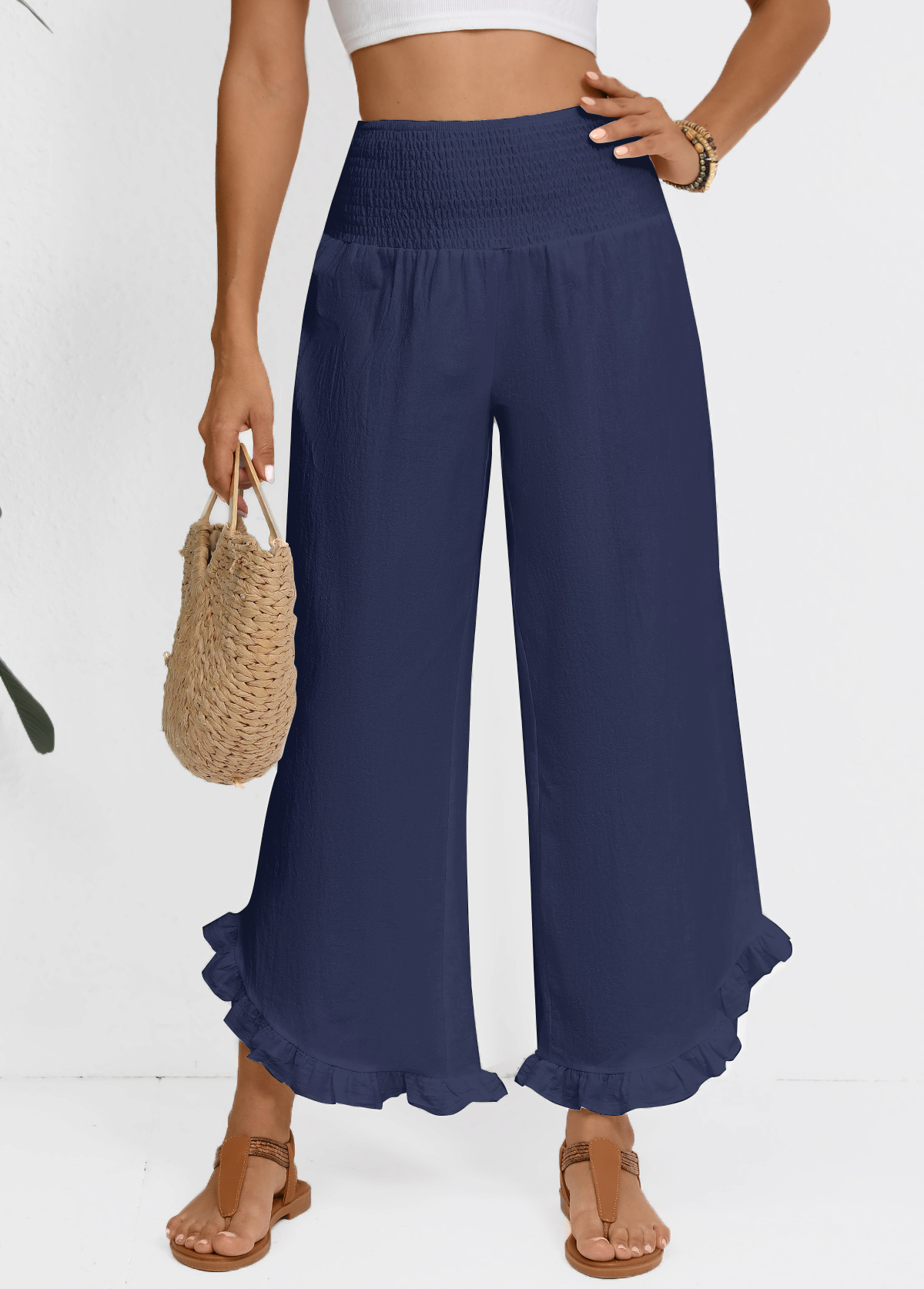 Navy Wide Leg Elastic Waist High Waisted Pants