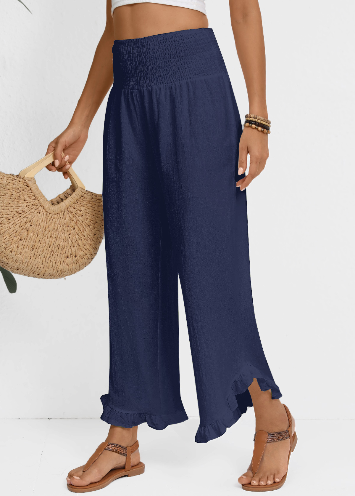 Navy Wide Leg Elastic Waist High Waisted Pants