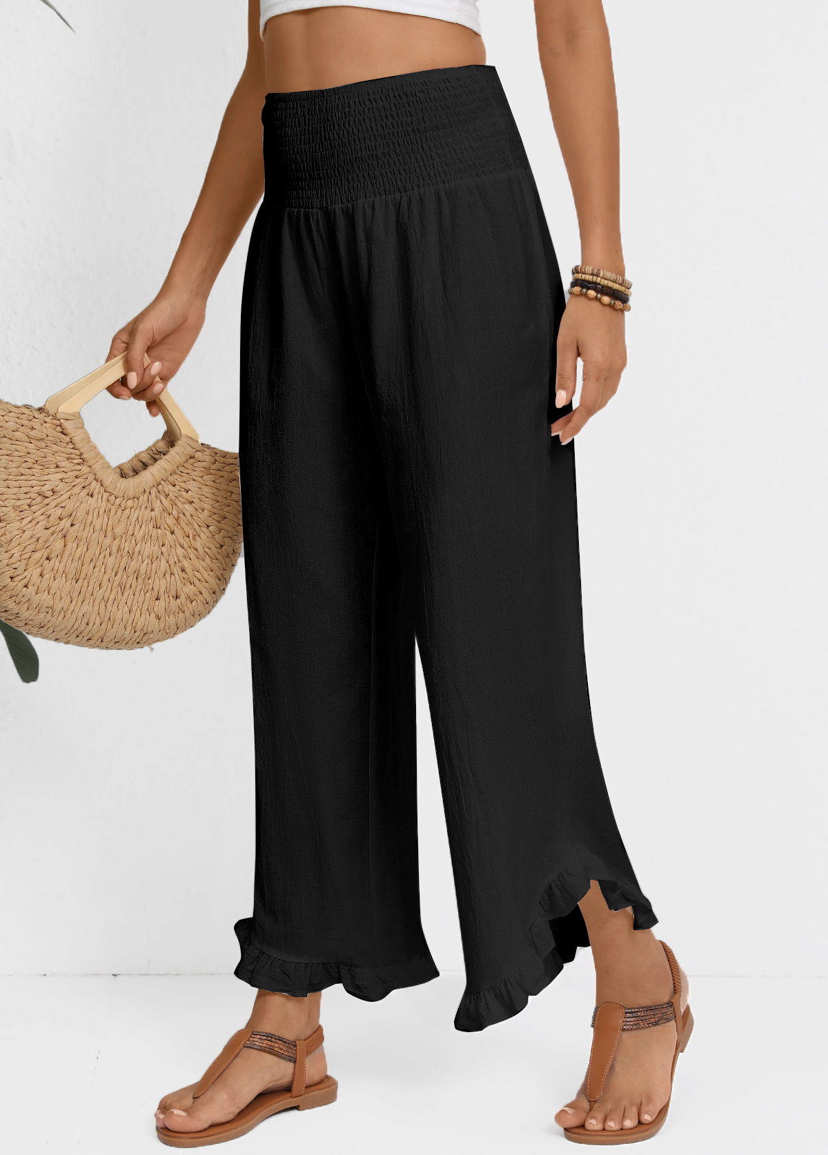 Black Wide Leg Elastic Waist High Waisted Pants