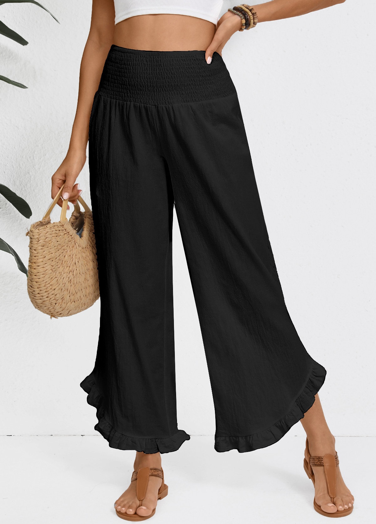 Black Wide Leg Elastic Waist High Waisted Pants
