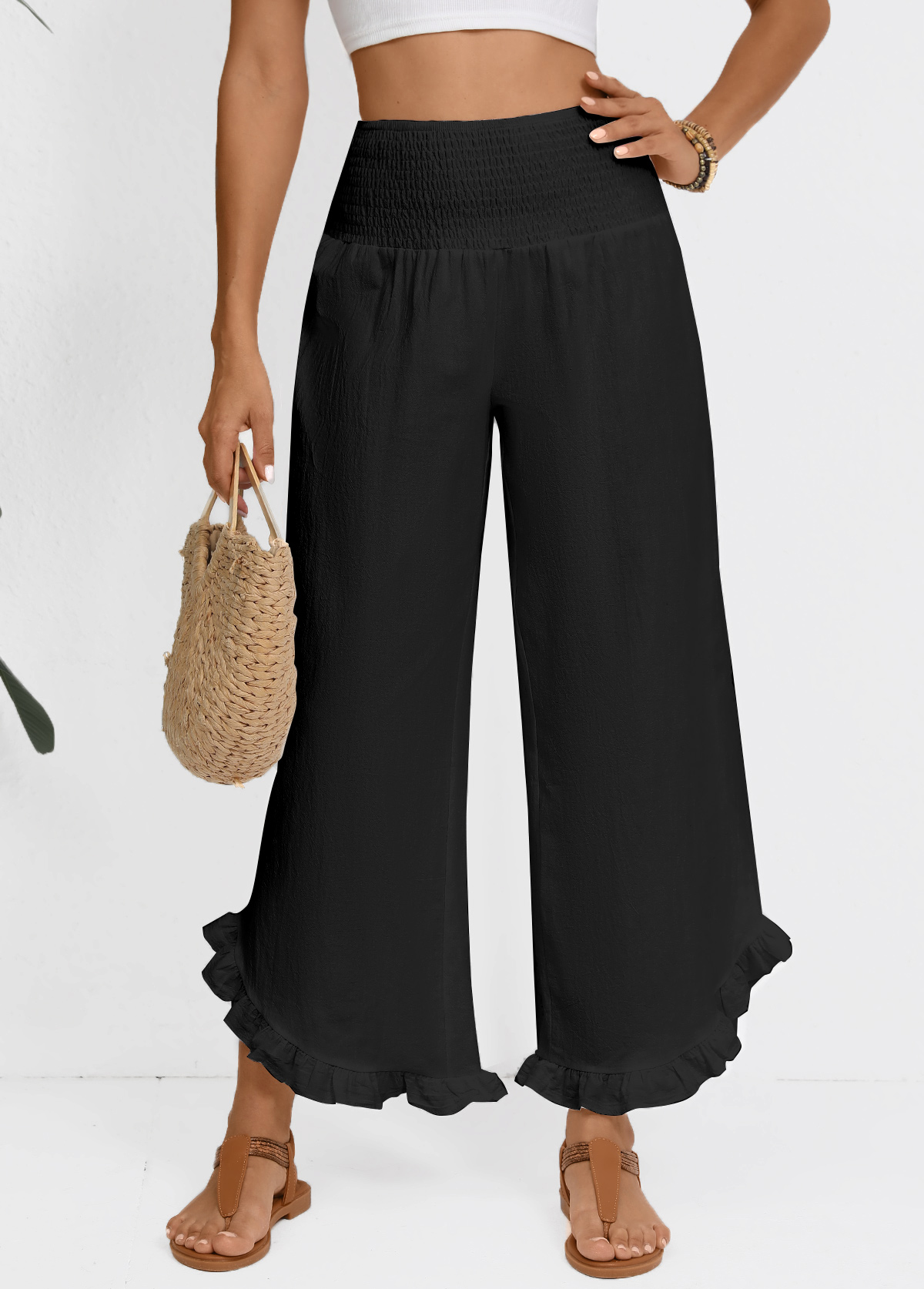 Black Wide Leg Elastic Waist High Waisted Pants