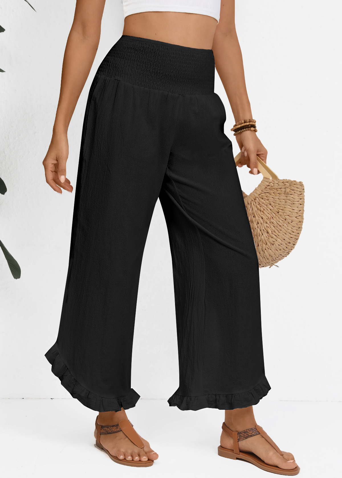 Black Wide Leg Elastic Waist High Waisted Pants