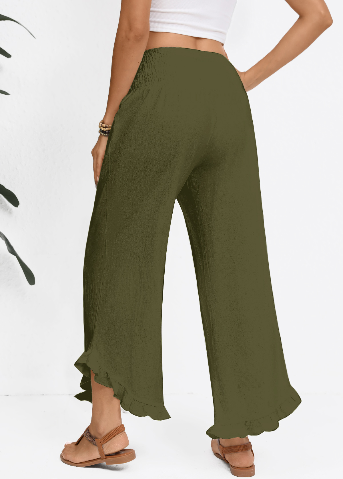 Olive Green Wide Leg Elastic Waist High Waisted Pants