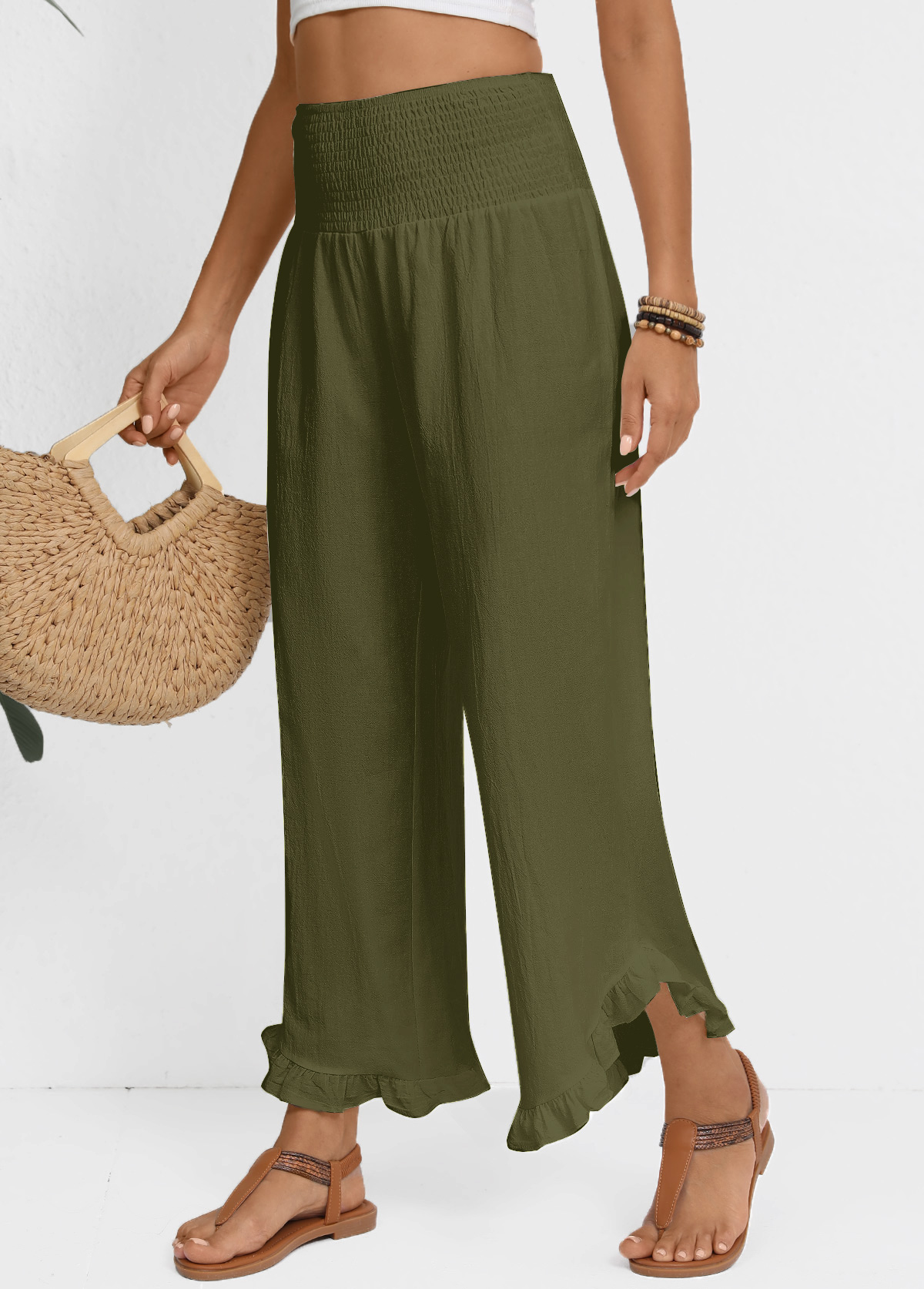 Olive Green Wide Leg Elastic Waist High Waisted Pants
