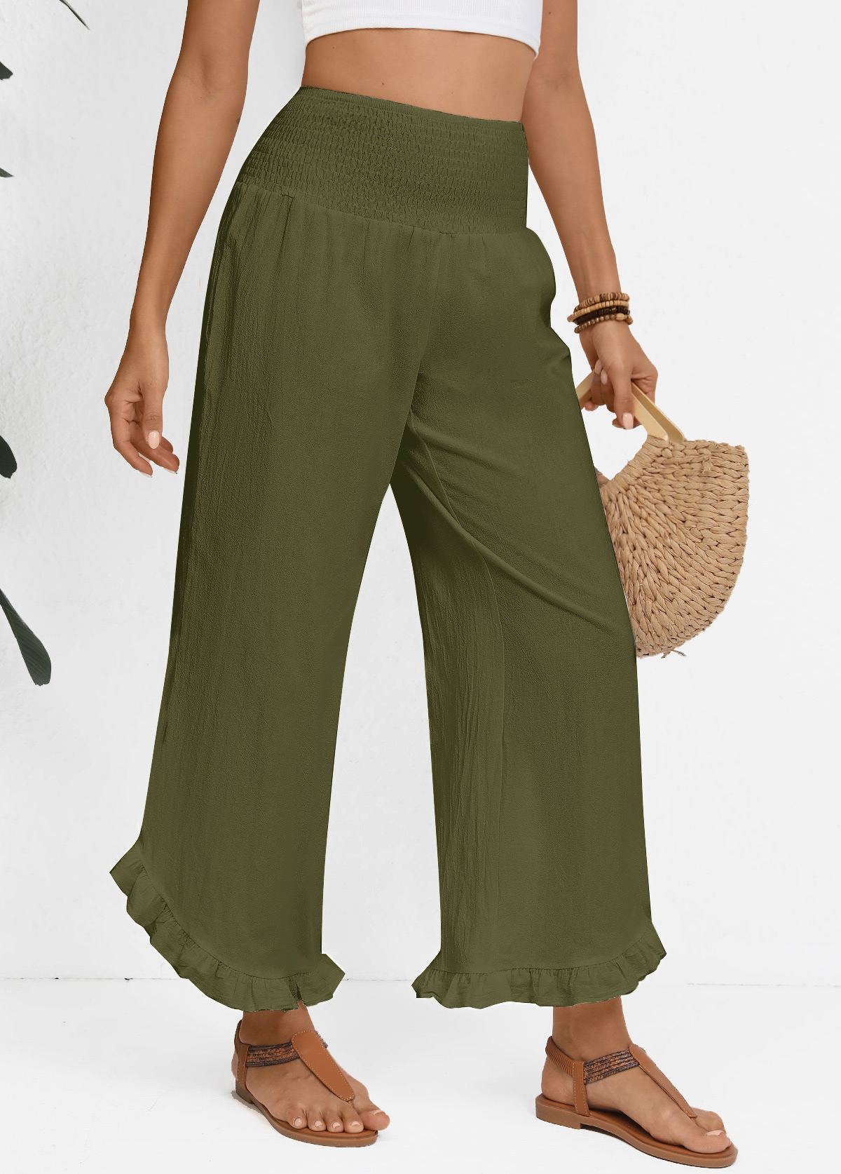 Olive Green Wide Leg Elastic Waist High Waisted Pants