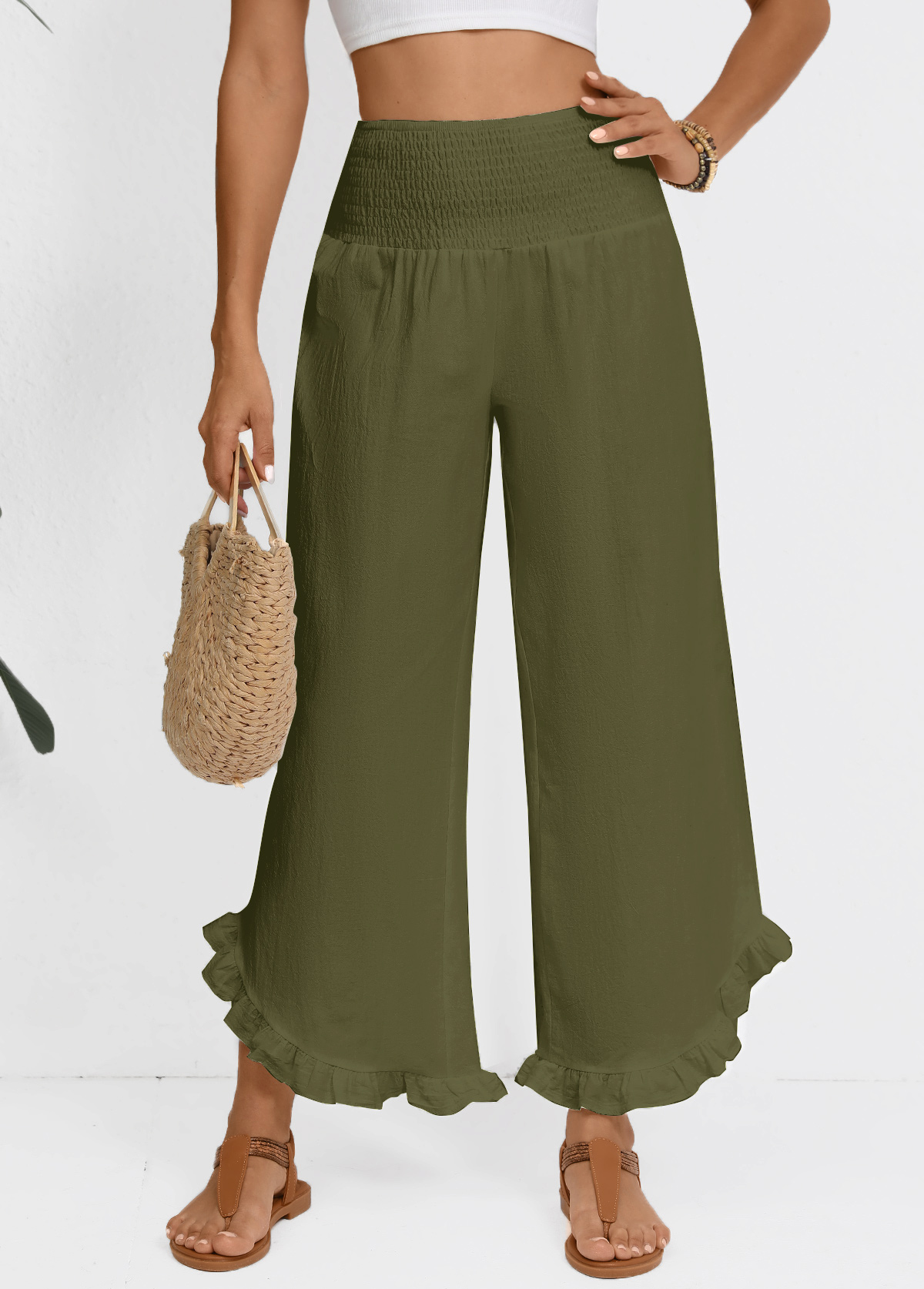 Olive Green Wide Leg Elastic Waist High Waisted Pants