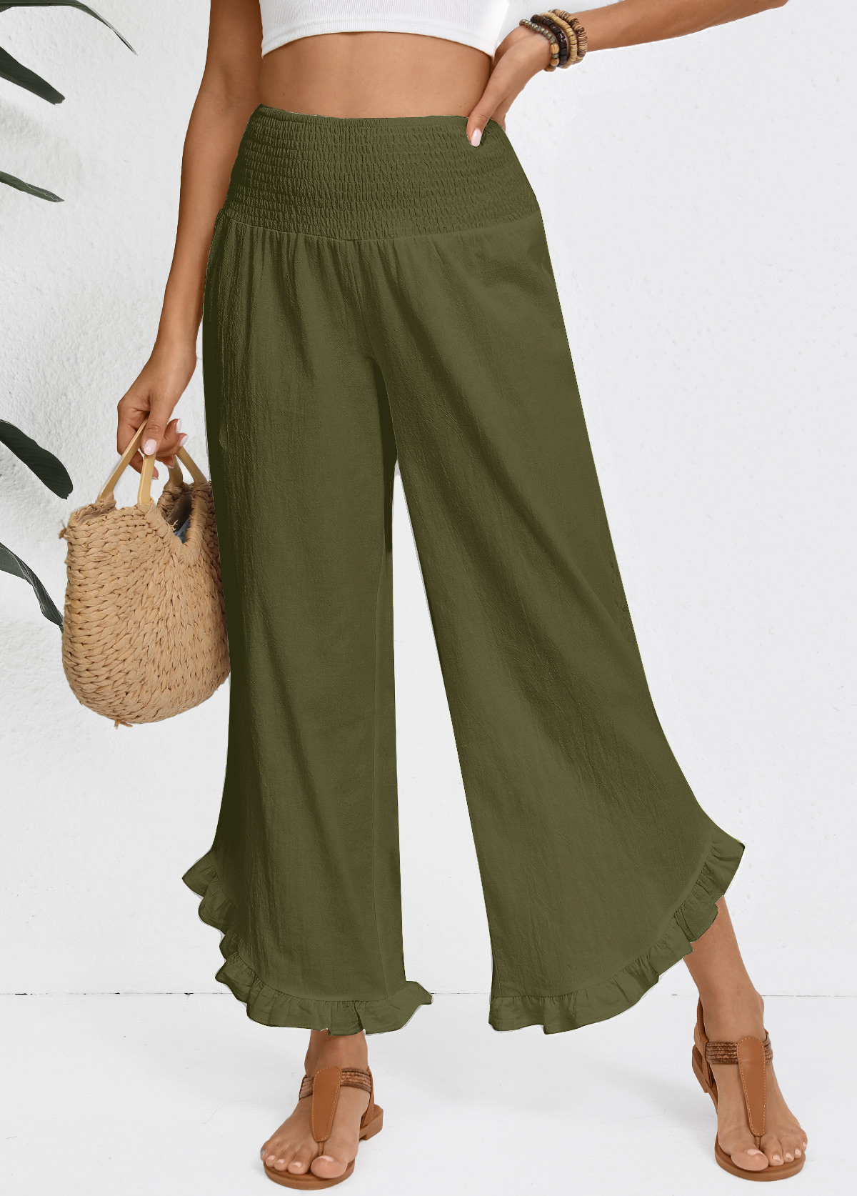 Olive Green Wide Leg Elastic Waist High Waisted Pants