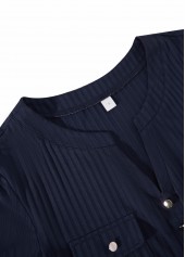 Button Navy Short Sleeve Split Neck Blouse