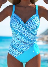 Tribal Print Surplice Cyan One Piece Swimwear