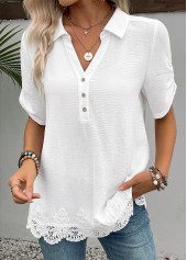 White Short Sleeve Shirt Collar Blouse
