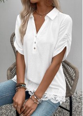 White Short Sleeve Shirt Collar Blouse