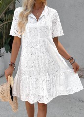 White A Line Short Sleeve Split Neck Dress