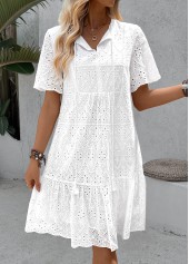 White A Line Short Sleeve Split Neck Dress
