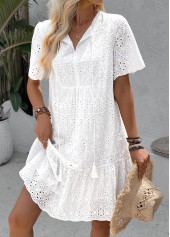 White A Line Short Sleeve Split Neck Dress