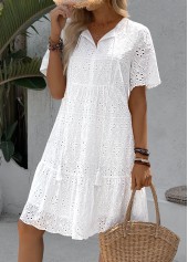 White A Line Short Sleeve Split Neck Dress