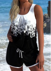 Floral Print Tie Black Tankini Set