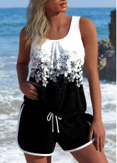 Floral Print Tie Black Tankini Set