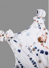 Floral Print Smocked White Short Sleeveless V Neck Dress