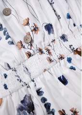 Floral Print Smocked White Short Sleeveless V Neck Dress
