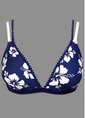 Mid Waisted Floral Print Contrast Binding Navy Bikini Set